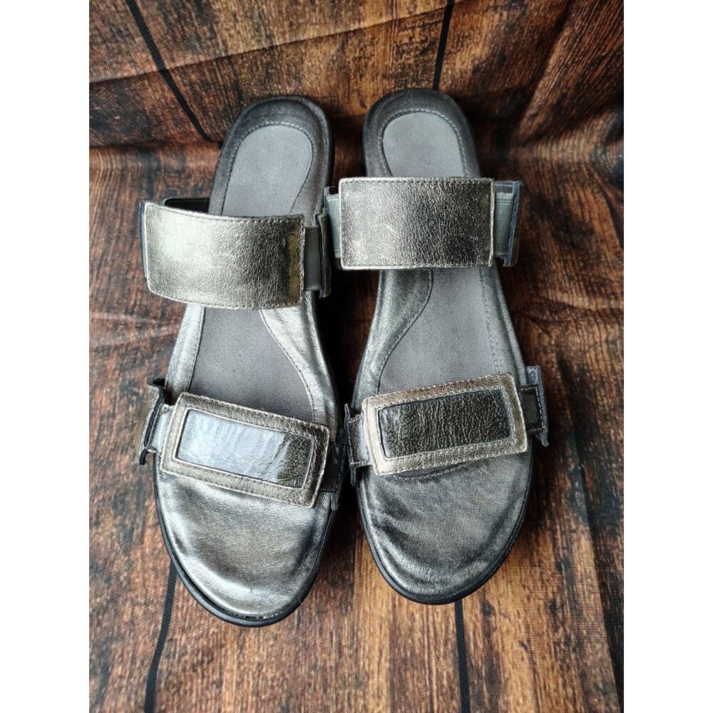 NAOT GRAY BLACK LEATHER DRESS SANDALS SHOES WEDGE HEELS WOMENS SZ 9 9.5 EU 40